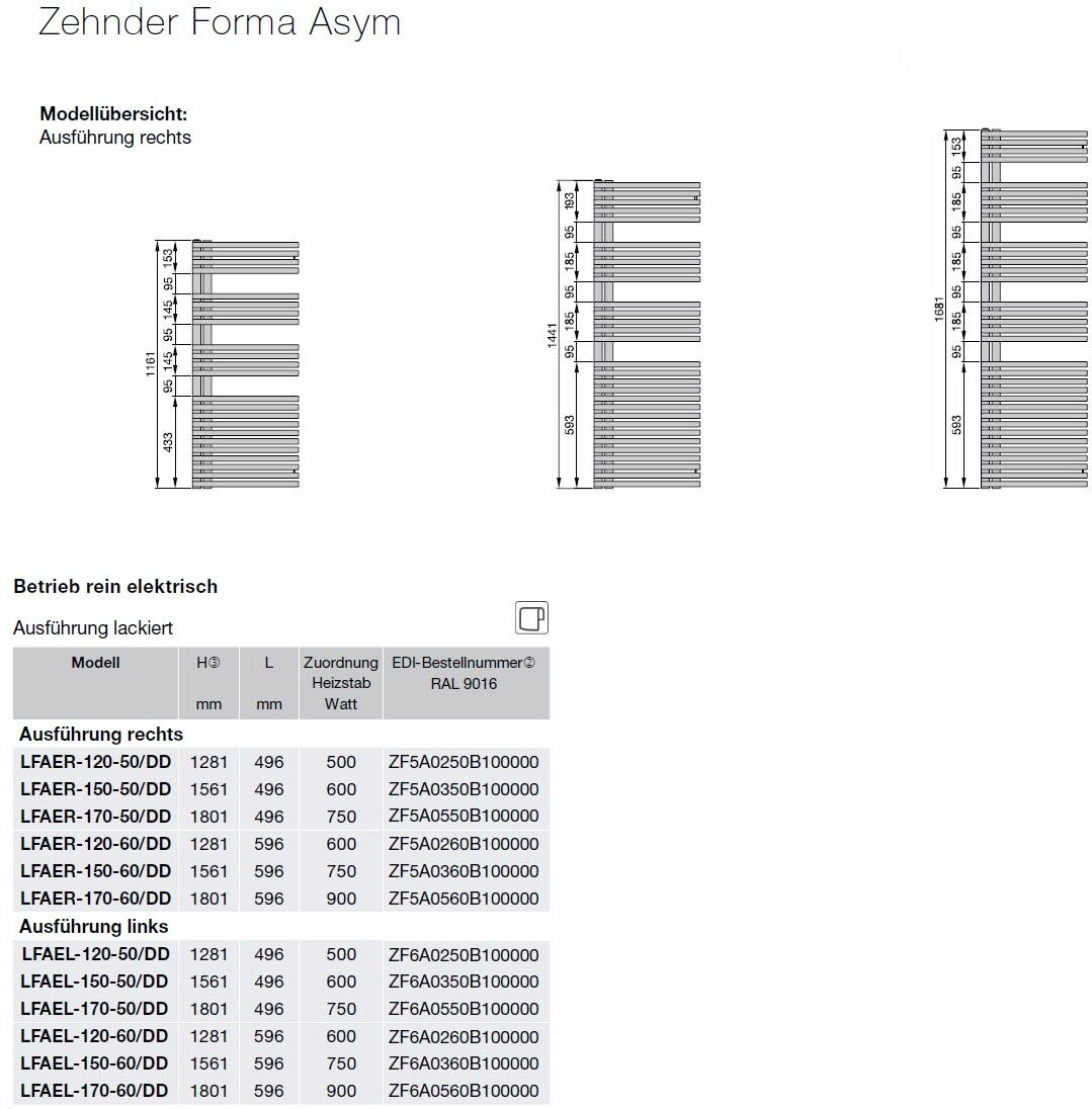 Zehnder Forma Asym LFAEL-150-60/DD Handtuchwärmer 59,6 x 156,1 cm links mit DBM, Heizung, ZF6A0360A100000, anthracite