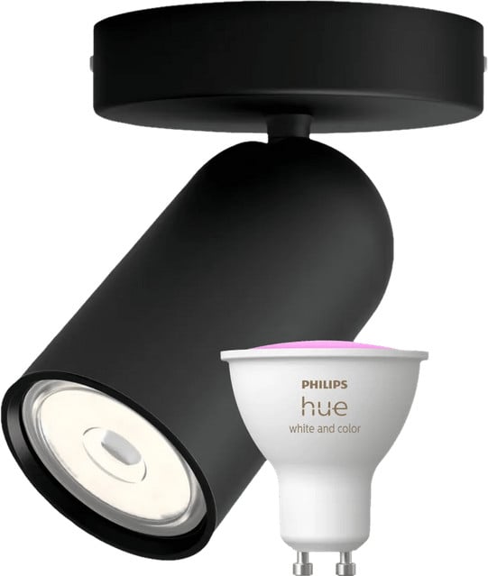 Philips Pongee opbouwspot zwart met Philips Hue White and Color GU10 ledlamp