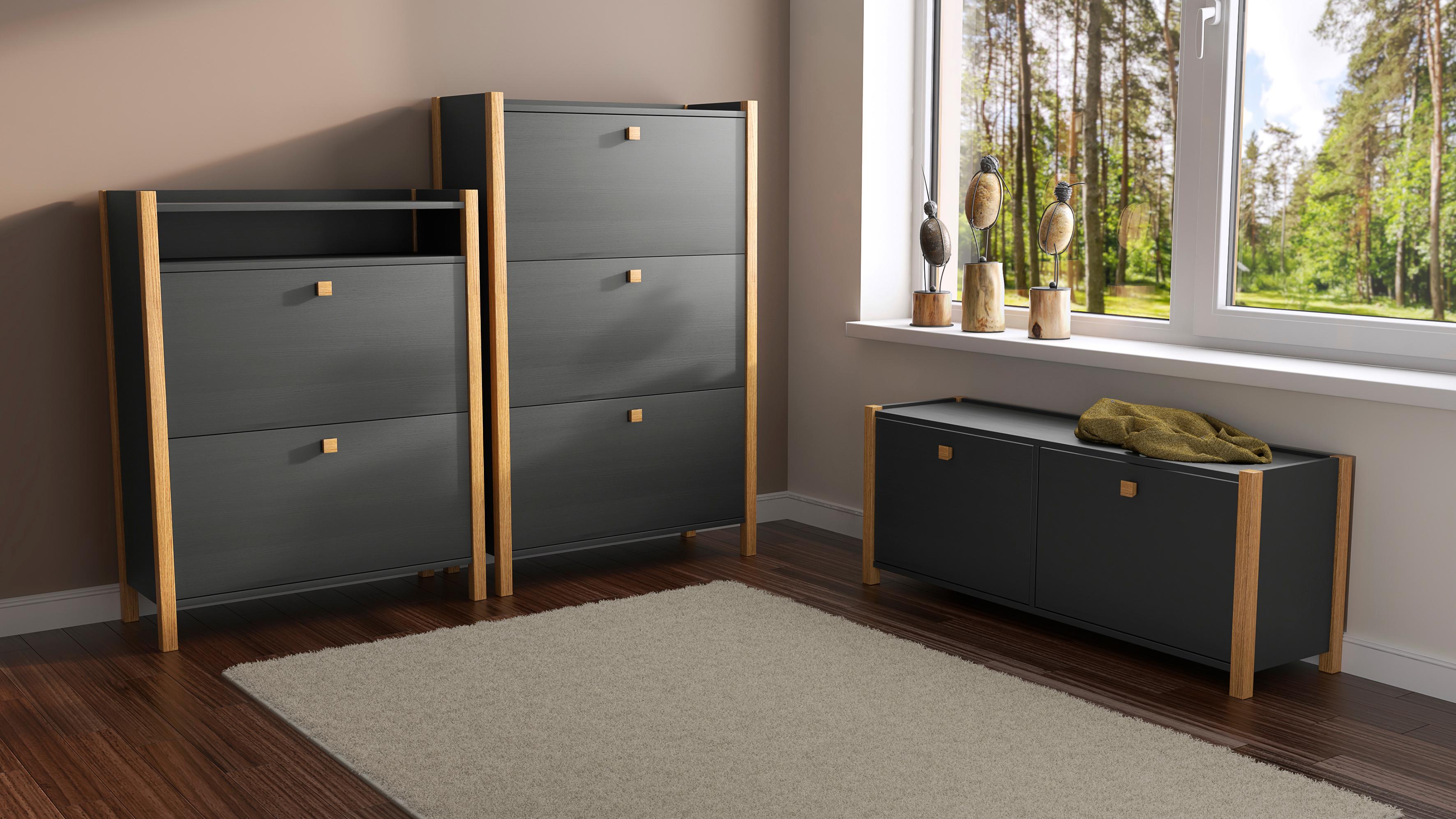 Schuhkommode WOODMAN "Charis", schwarz (schwarzgrau, eiche), B:84cm H:132cm T:26cm, Sideboards, Schuhkommode, Breite 84 cm, im schlichten skandinavischen Design, FSC