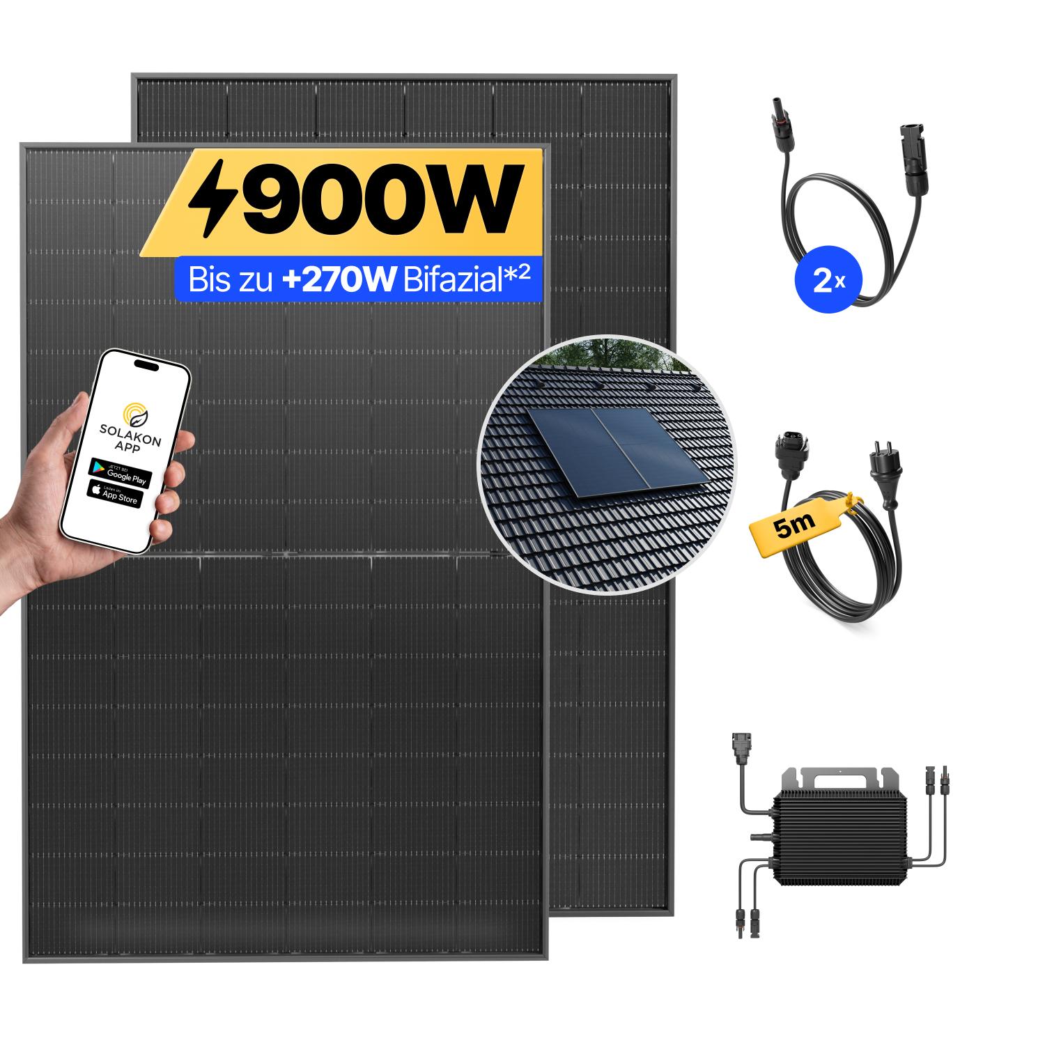 Balkonkraftwerk 900W Solaranlage mit Ziegeldach Halterung (Paarmontage) Steckerfertig Komplettset Photovoltaik Anlage 800W, Kabellänge: 5m, Solakon