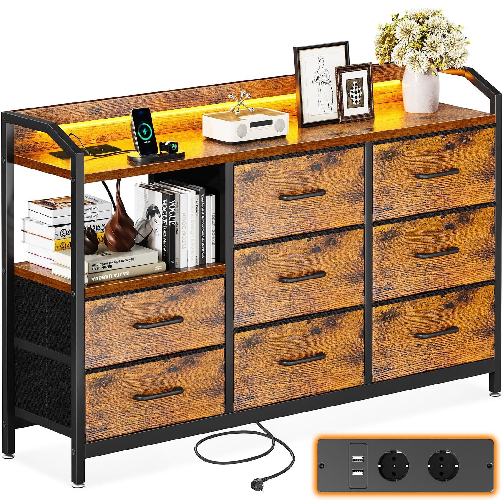 Dripio Kast met LED-verlichting, 8 stoffen lades, 2 USB-poorten en 2 stopcontacten