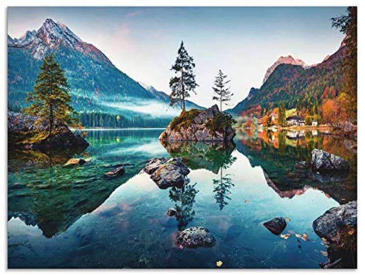 ARTland Wanddeko Wandbild Alu Verbundplatte für Innen & Outdoor Bild 80x60 cm Querformat Landschaft Alpen Berge See Natur Herbst Wald U1TM