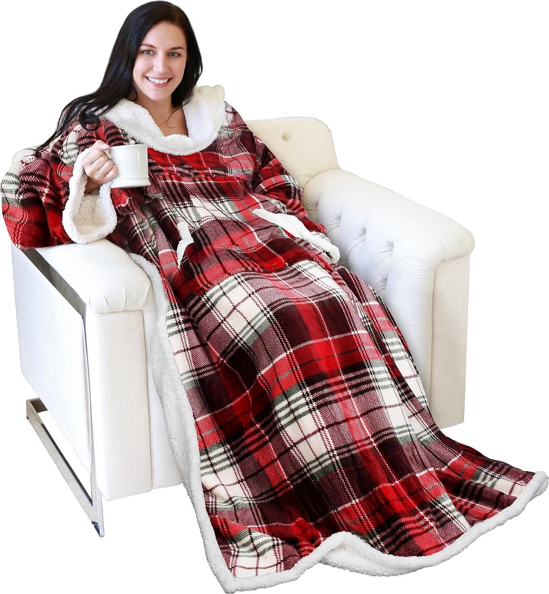 Catalonia Classy Tv-deken met mouwen en zakken, dubbelzijdig micropluche fleece en warme sherpa, unisex