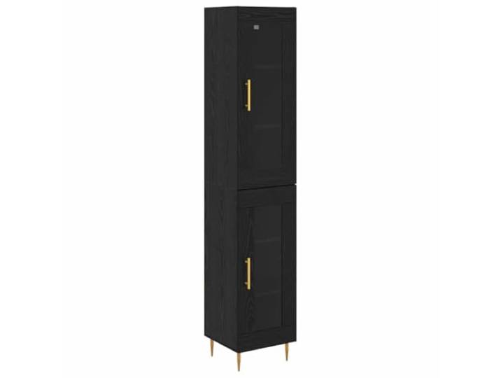 Highboard 2er Set Schwarz Eichen-Optik Glas Holzwerkstoff Holzwerkstoff, goldene Metallakzente, Scharniertüren, Wohnzimmer, Esszimmer, schlankes Design