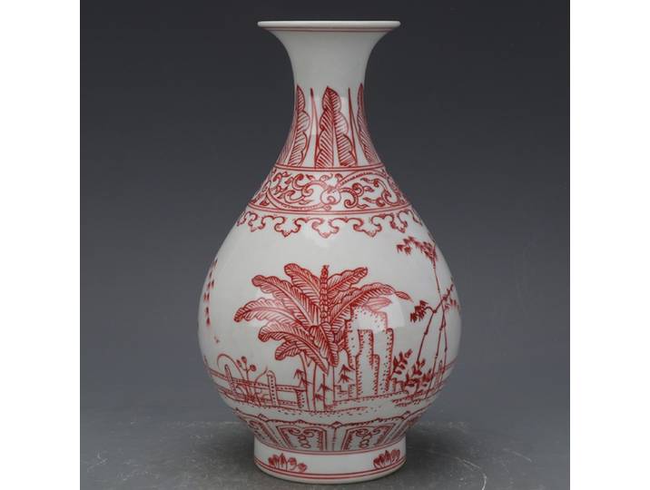 Vase en céramique Qianlong de la dynastie Qing, sous glaçure, motif de plante de fleur rouge, Pot de printemps, ornements en porcelaine antique