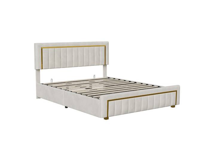 Shopentra Polsterbett 180x200 cm Samt mit Hydraulik-Bettkasten und Goldakzenten, Ecru, Holz, 180x200 cm, Schlafzimmer, Betten, Polsterbetten