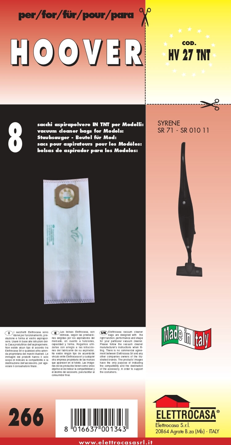 elettrocasa Hv27tnt Outlet - Sacchetti Aspirapolvere Hoover Syrene Confezione 8 Pezzi - Hv27tnt