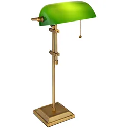 LED Schreibtischleuchte Bankerlampe Tischlampe altmessing Glas grün Leseleuchte höhenverstellbar, Zugschalter, 7W 806lm, warmweiß, LxH 26,5x56 cm