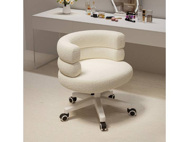 Chaise de bureau de maquillage en fausse fourrure, fauteuil de loisirs moderne et pivotant confortable et moelleux avec roulettes pour la maison, femmes et filles