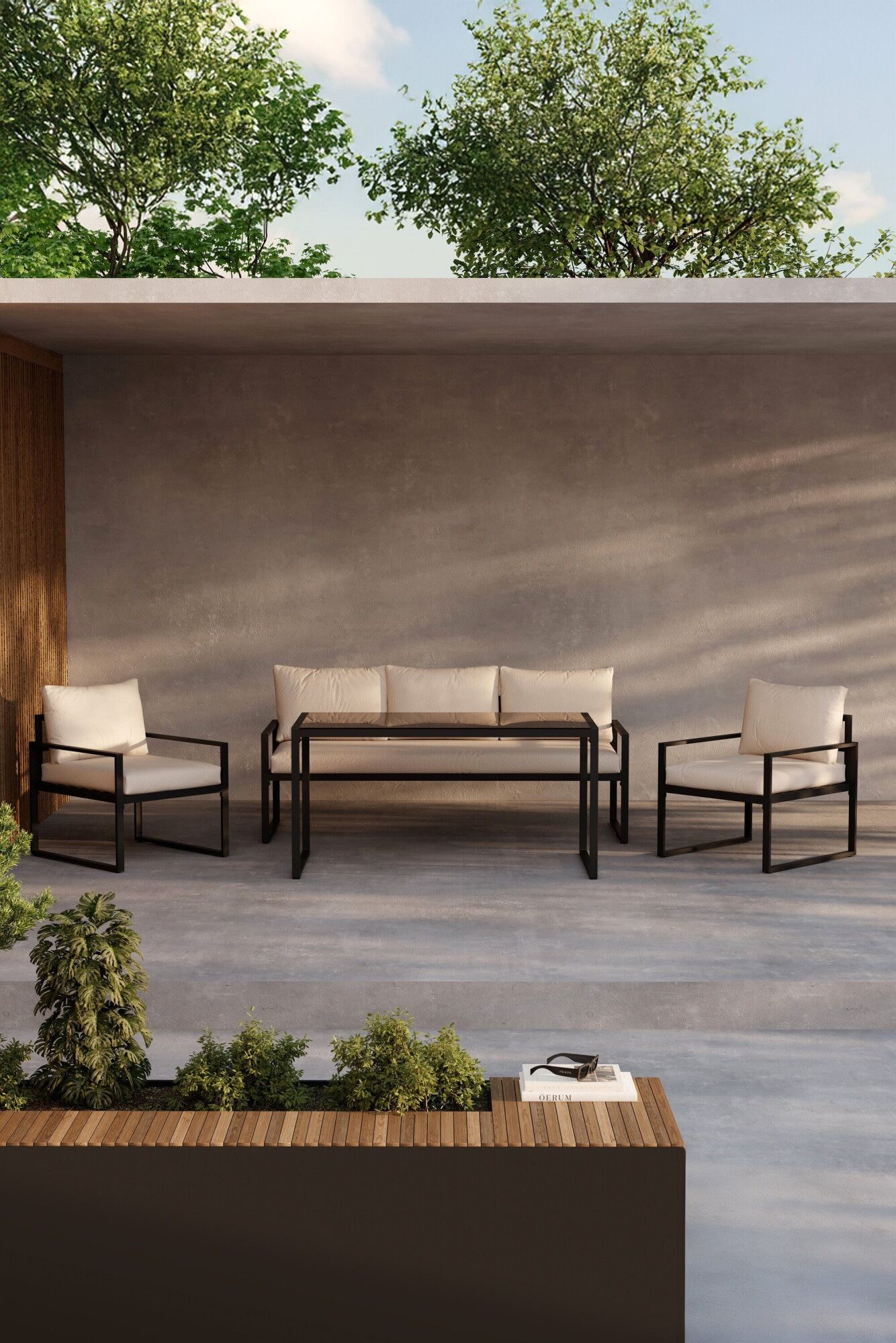 Gartenlounge-Set VENTURE HOME "Catania, grosszügiges Outdoor-Set für hohen Sitzkomfort", beige (beige, schwarz, beige, schwarz), B:179cm H:67cm T:135cm, Glas, Polyester, Stahl, Sitzmöbel-Sets, Gartenlounge-Set, Loungemöbel mit Stoffbezug, angenehm, weich 