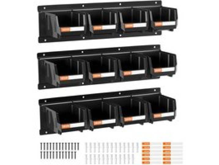 VEVOR Stapelboxen Wandmontage, 137x105x75mm (12er-Pack) & 3 Metallschienen, Sichtlagerboxen für Schrauben, Muttern, Bolzen, Nägel, Werkzeug-Organizer für Werkstatt, Bastelraum, Garage, Schwarz