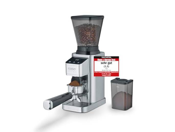 CASO BaristaChef Inox - elektrische Kaffeemühle, Testurteil: Sehr Gut, Edelstahl-Kegelmahlwerk, mit Siebträgerhalterung, 48 präzise Mahlgradstufen