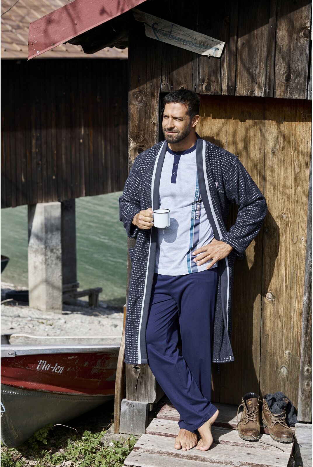 Hausanzug JAN VANDERSTORM "Bademantel TRIFRED" Gr. 5XL, blau (dunkelblau), 5XL, Obermaterial: 100% Baumwolle CO., Hausmäntel, Hausanzug