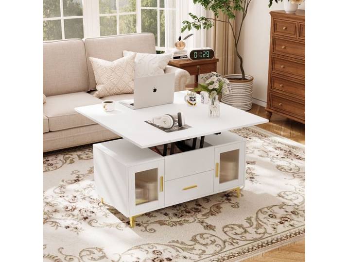 Table Basse Relevable Table de Salon Multifonctionnelle 3 en 1 Transformable en Table à Manger de Salon Blanc