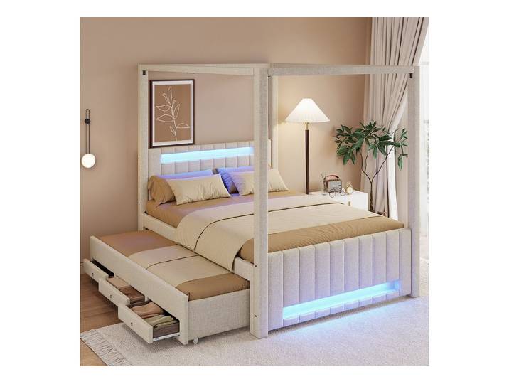 Odikalo Polsterbett 140x200 Himmelbett mit Ausziehbett LED & Schubladen (mit Ausziehbett und drei Schubladen, LED-Beleuchtung)