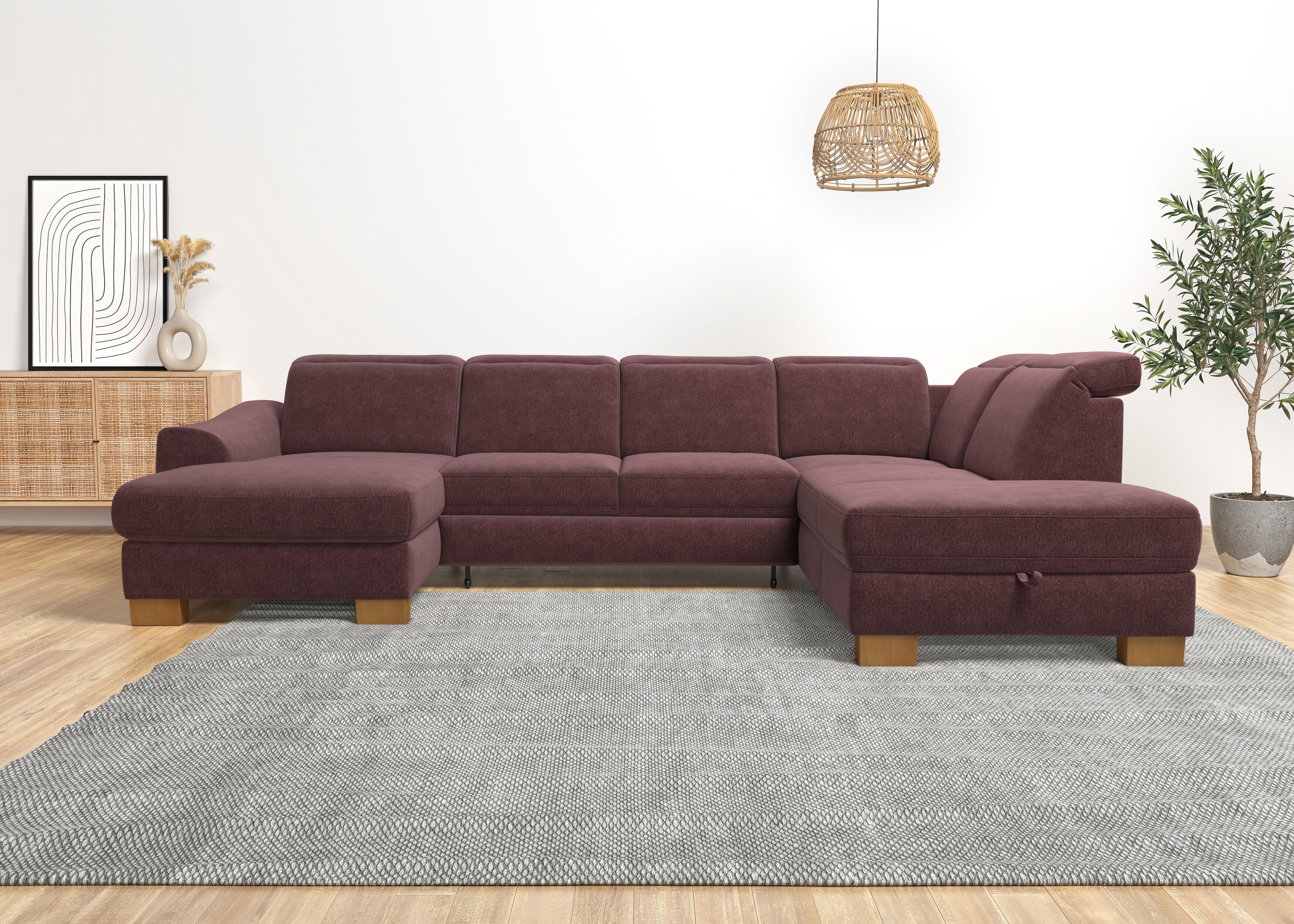 Wohnlandschaft HOME AFFAIRE "Dundee U-Form", lila (flieder), B:338cm H:86cm T:219cm, Flachgewebe (100% Polyester), Sofas, Wohnlandschaft, wahlweise mit Kopfteilverstellung und zusätzlich mit Schlaffunktion flieder B/H/T: 338cm x 86cm x 219cm, Flachgewebe,