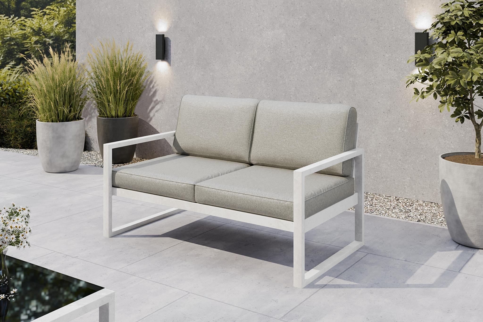 Margaret Hadas24 Gartensofa 2 Sitzer Outdoor Madera Lounge Couch Terrasse wetterfest Balkonmöbel Sitzbank mit Lehne, Gartenmöbel weiß, beige