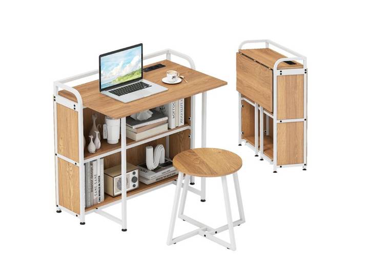 COSTWAY Bureau Pliable avec Tabouret Portable avec Étagères de Rangement Prises AC Port USB & Type-C Naturel