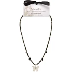 Nymph Black Obsidian Gemstone Necklace with Real Leaf Butterfly Pendant