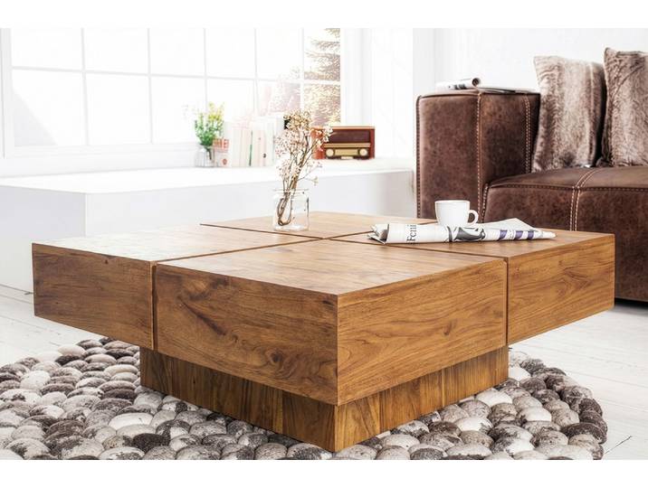Massiver Couchtisch BOLT 70cm braun Mangoholz honey finish handmade quadratisch Sofatisch Wohnzimmertisch Säulentisch Modern & Design