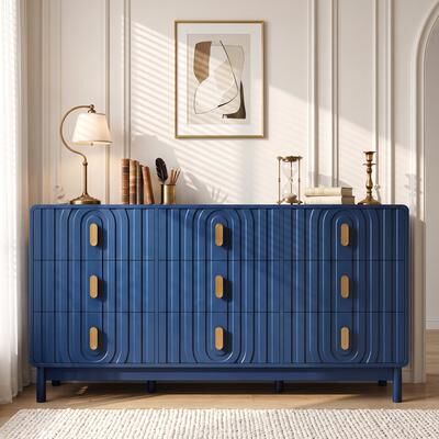 Royalcraft Art Deco Collection Black/Beige/Blue MDF Fluted 9 Drawer Dresser with Anti-Tip Device