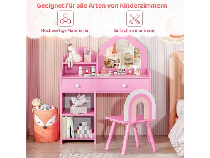 Ensemble de coiffeuse pour enfants, coiffeuse en forme de nuage, coiffeuse de style princesse avec miroir, tabouret, tiroirs, armoires de rangement