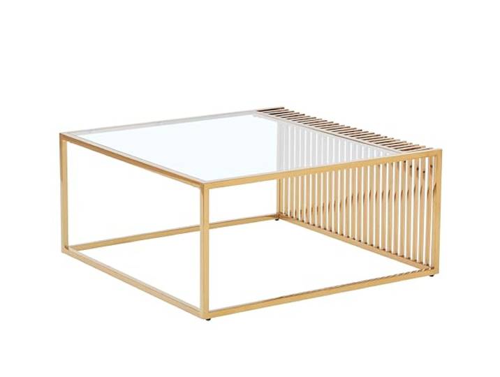 Couchtisch 90x90 cm mit Glasplatte und Goldgestell – Moderner Beistelltisch mit Metallstreben – Design Wohnzimmertisch, 43 cm hoch Gold
