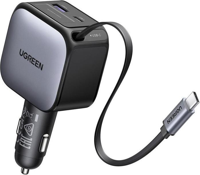 UGREEN Autolader 90W met USB-A en USB-C poorten, intrekbaar, zwart