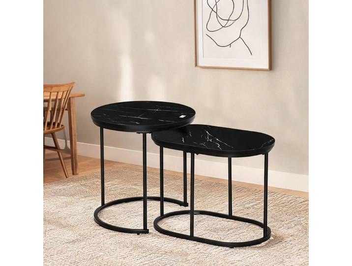 Table basse gigogne contemporaine noir et aspect marbre – lot de 2 ronde et ovale acier et MDF