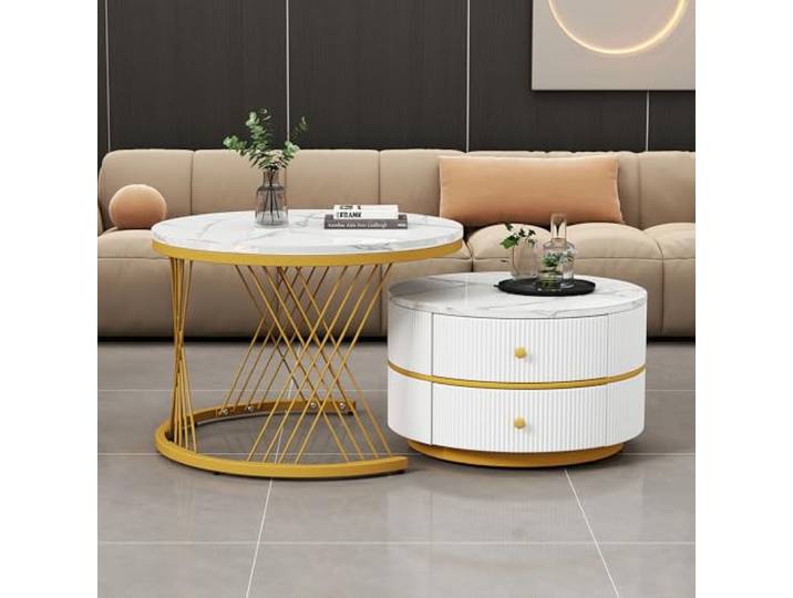 BTM Elegantes 2-teiliges, weißes Couchtisch-Set in Nestform, 60*60*46cm & 50*50*30.8cm, runde Tische mit hochglänzender Marmoroptik, 2 Schubladen, bis 30kg belastbar,Nesting-Kombination Couchtisch