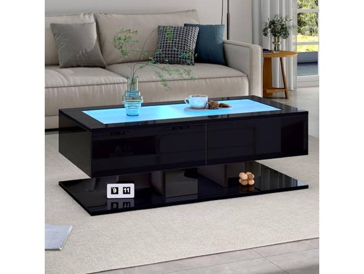 Merax Couchtisch Schwarz, Wohnzimmertisch Hochglanz mit LED Beleuchtung, Modern Beistelltisch Kaffeetisch mit Transparente Glasplatte, 2 große Schubladen, rechteckiger Mitteltisch, Sofatisch für Büro