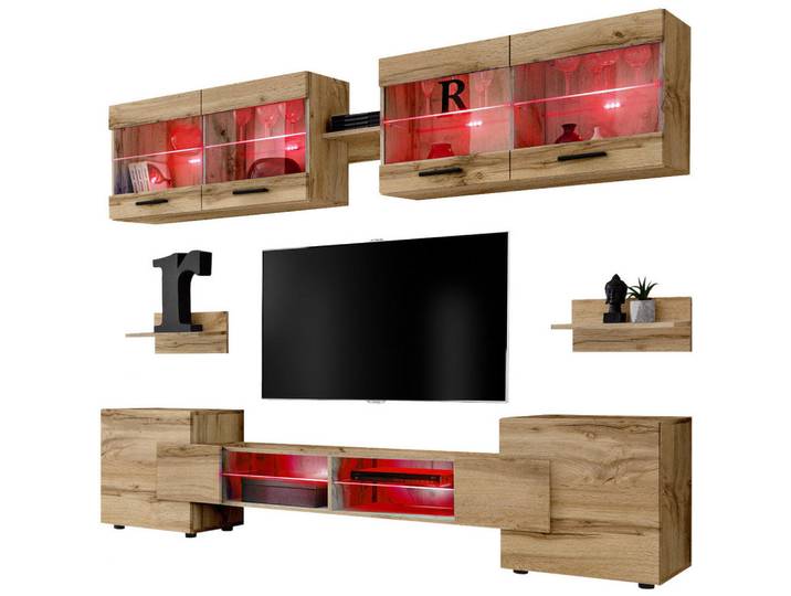 Komodee Wohnzimmerset Foggia, 6er-Set, Eiche Wotan, Front Eiche Wotan, LED Mehrfarbige, Eiche Wotan, Eiche Wotan, 8 Fächer, Rechteckig, 230x190x45 cm, Wohnzimmer, Wohnwände