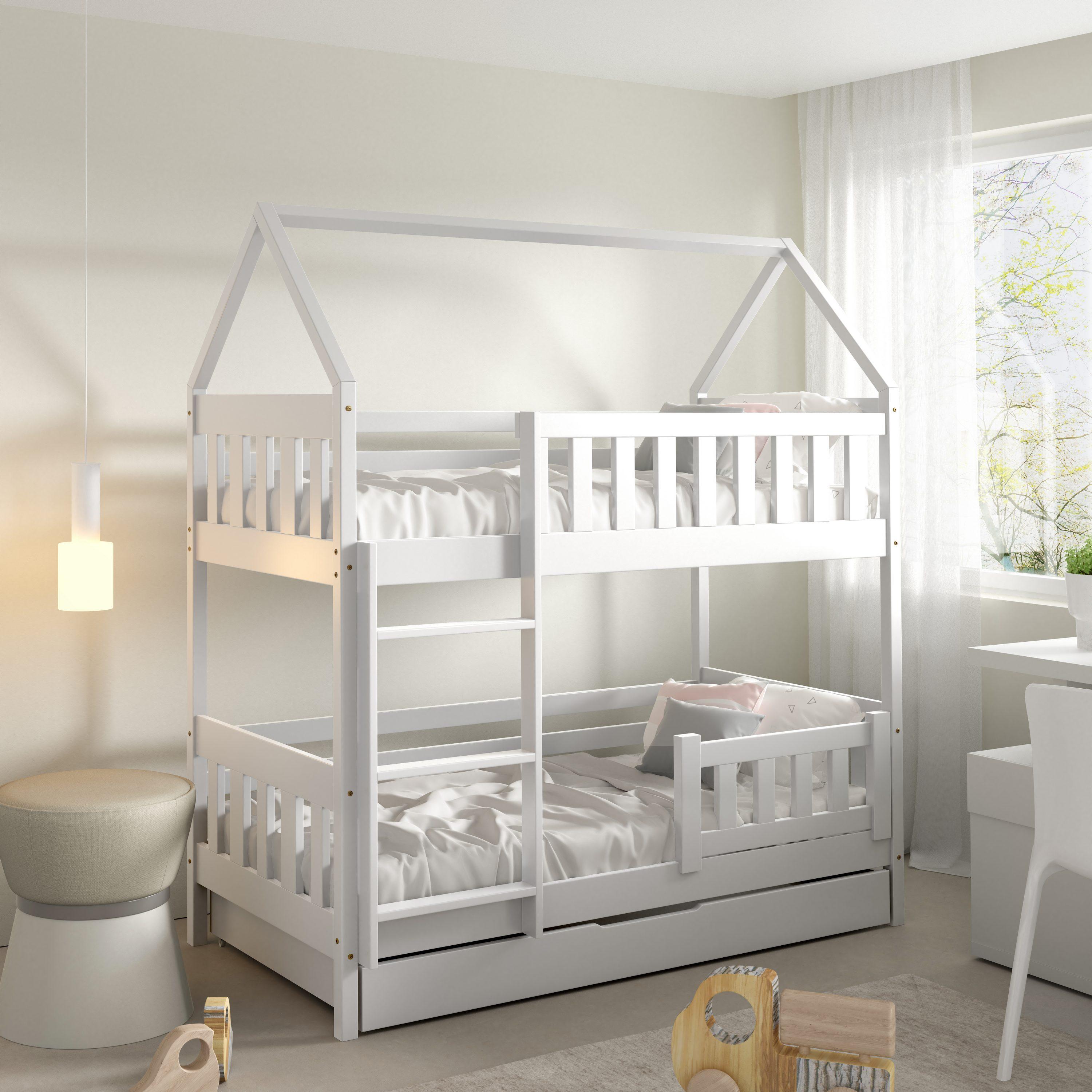 Masseno Etagenbett ELENA 80x190 cm mit Schublade, Rausfallschutz, Kinderbett mit Leiter für Mädchen und Jungs, Stockbett 2 Kinder, Hausbett für Kinder, Holz, Weiß