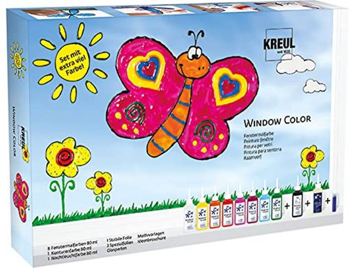 KREUL 42752 - Window Color Set Peinture pour Fenêtres\, 10 x 80 ml peinture\, inclus contour noir et peinture phosphorescente\, pour enfants créatifs\, films\, perles de verre et modèles