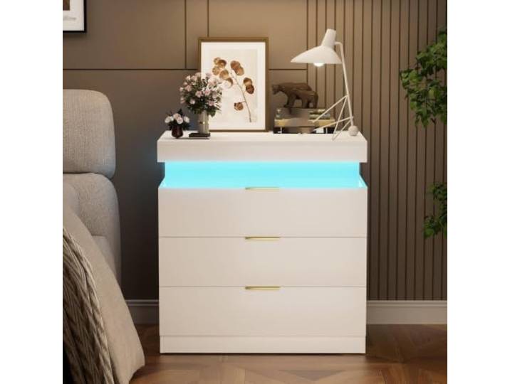 Twwhshf-ou Moderner Nachttisch mit USB-Aufladung und RGB-Beleuchtung, Tisch mit 3 Schubladen(Black)