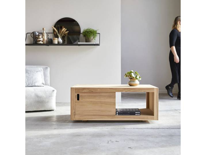 Couchtisch 100x60 cm aus unbehandeltem Teakholz rechteckig mit Schiebetür - Natur