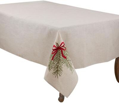 Saro Christmas Pine Embroidered Linen Blend Tablecloth - Pine Branch and Ribbon Bow Design for Holiday Dining and Entertaining