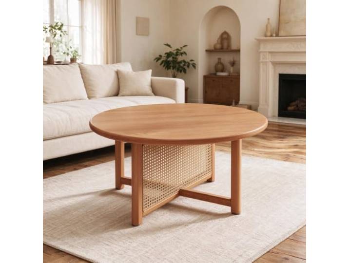 YHTCSXMD Wohnzimmertisch Rund, Couchtisch Holz, Vintage-Design FAS-Massivgummiholz, 20 mm Platte, PVC in Rattan-Optik, 42 cm Höhe; Wohnzimmer, Bodenbereiche, Teerunden