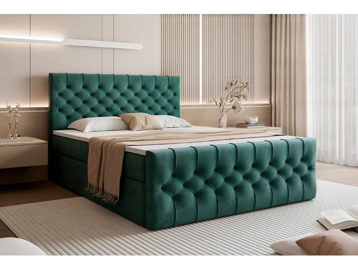 Goldstoff Boxspringbett TAURIEL mit Federkernmatratze & Topper, zwei Bettkästen (von 120 bis 200x200 cm), modernes Doppelbett aus Velvet Stoff mit edlem Kopfteil