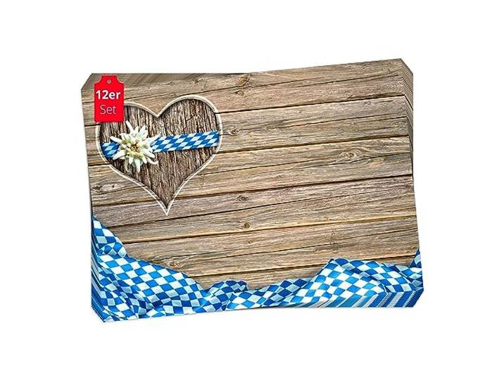 Tischset I Platzset - Bayerisches Motiv mit Herz und Edelweiß - 12 Stück 44 x 32 cm aus Premium Naturpapier - die besondere Motto-Tischdekoration fürs Oktoberfest oder Weisswurst Frühstück