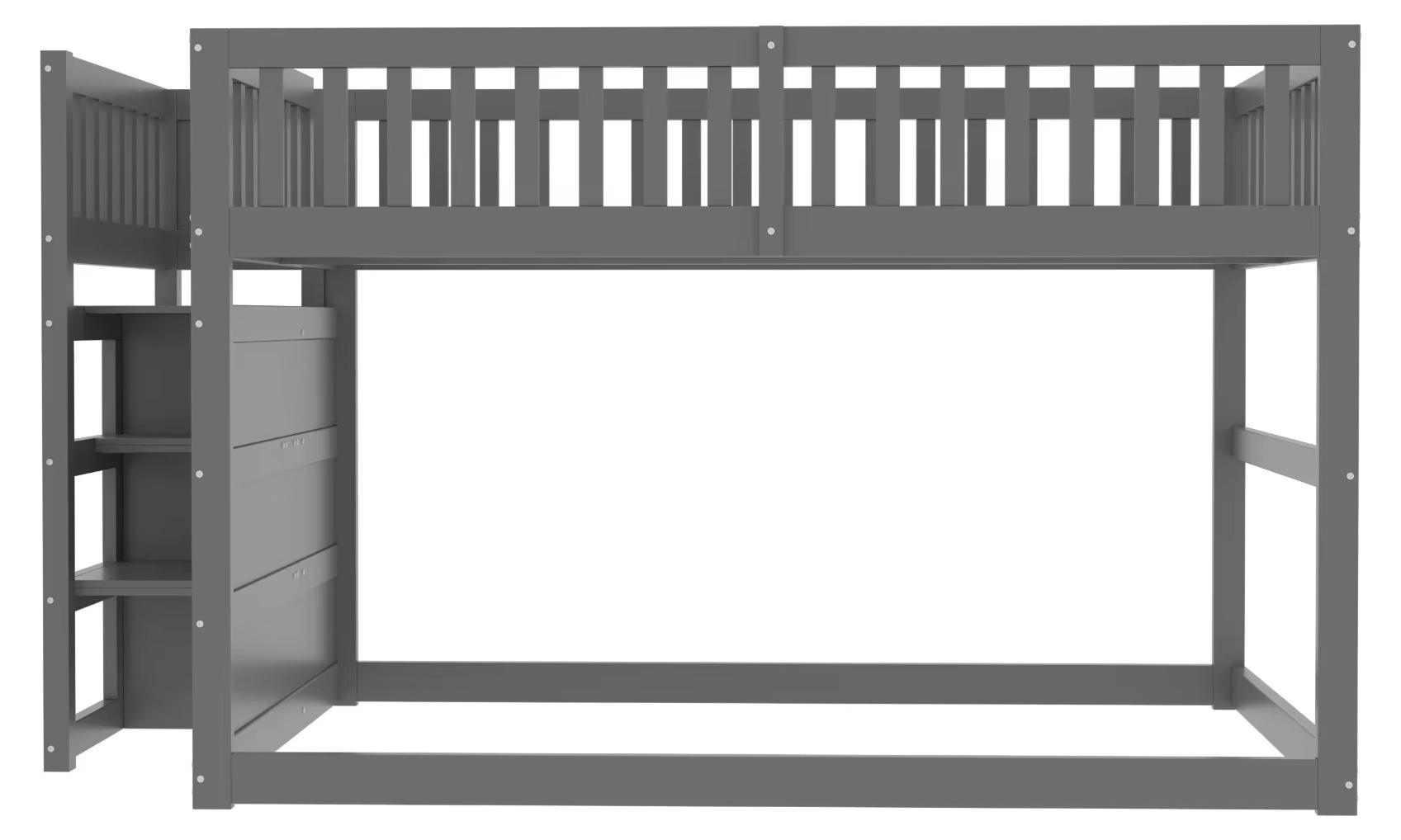 Etagenbett aus Holz - Niedrige Ausführung - 140 x 200 cm - Hohes Sicherheitsgitter - Stauraum - Dunkelgrau