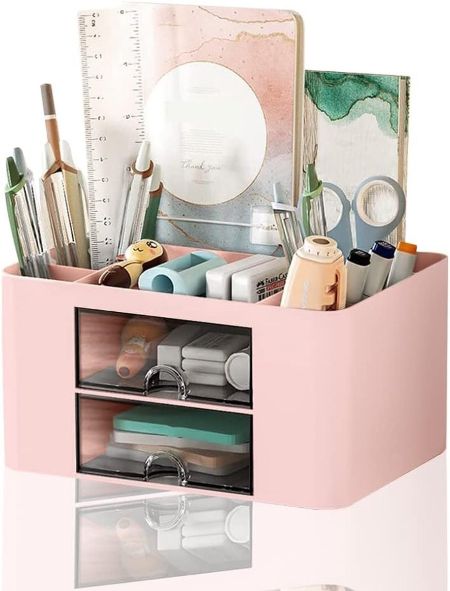 Multifunctionele Bureau Organizer met Lade en 7 Compartimenten, Roze Pennenhouder voor Kantoorbenodigdheden