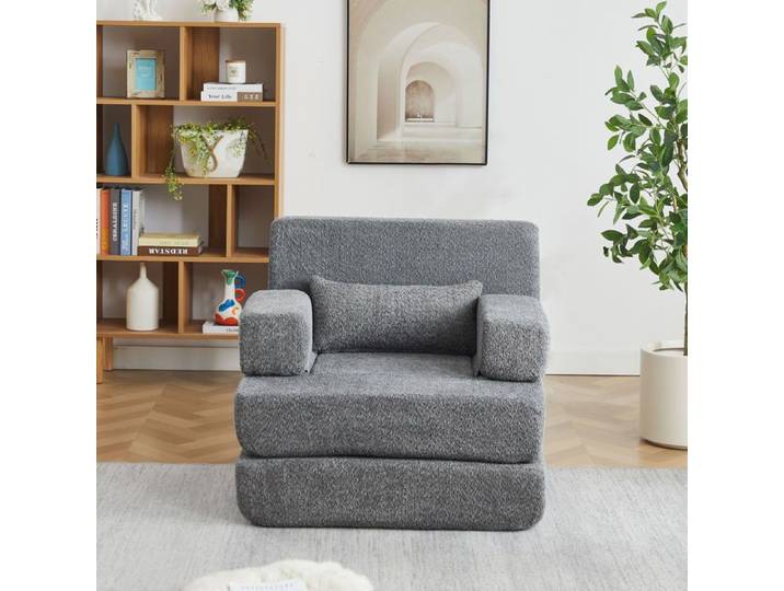Canapé Lit Convertible 1 Place en Chenille Fauteuil 2 en 1 Pliable avec Lit d'Appoint Gris