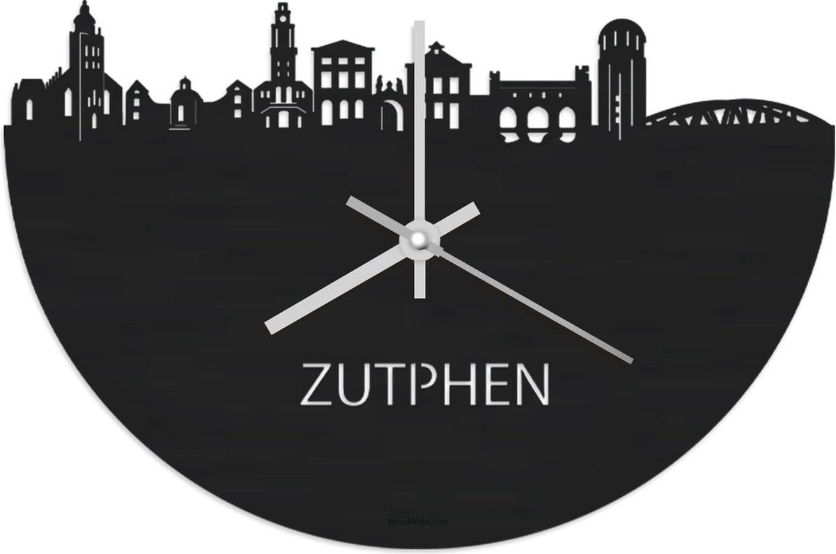 WoodWideCities Skyline Klok Zutphen Zwart Hout - Ø 40 cm - Wanddecoratie met Stil Uurwerk