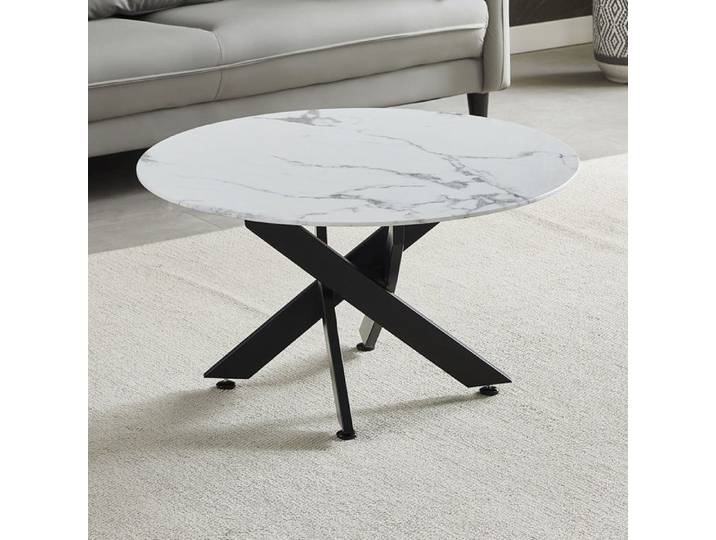 Table basse ronde - Verre trempé effet marble blanc - Métal noir - CHIARA