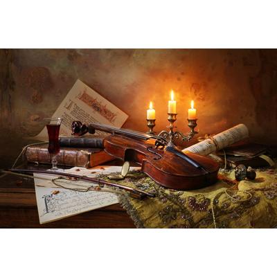 Fototapete PAPERMOON "Photo-Art ANDREY MOROZOV, STILLLEBEN MIT VIOLINE UND KERZEN", bunt, B:4m L:2,6m, Vlies, Tapeten