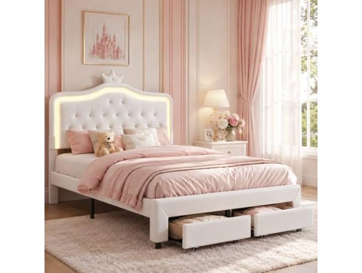 JiaOyu Polsterbett 140x200 cm mit Lichtern & Schubladen, Luxuriöses LED Einzelbett gepolstertes Bett Kinderbett Mädchenbett in Kronenform, ideal für Erwachsene und Jugendliche, Ohne Matratze