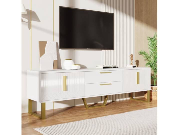 REDOM TV-Schrank Hochglanz-Lowboard mit gravierter Textur (Packung, 1-St., Hochglanz, 170×53,5×40 cm, Weiß, MDF) goldene Akzente, luxuriöse Optik