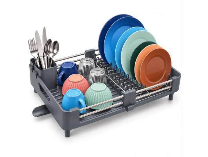 Relaxdays Égouttoir\, Gris panier à couverts et bac d'égouttage\, extensible\, cuisine\, plastique\, inox