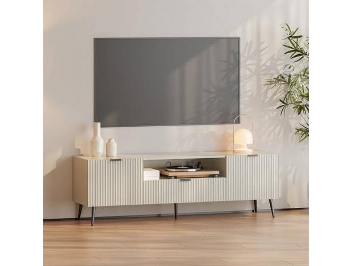 [en.casa] TV Schrank Nand Lowboard mit 2 Türen geriffelt Fernsehschrank mit Schublade 160 x 40 x 51 cm Sideboard Kommode Fernsehtisch Sandfarben